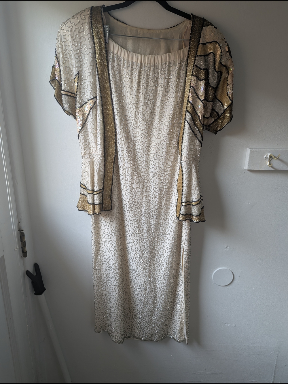 Oleg Cassini Cream Satin Evening Pair with Beaded Trim Size 10